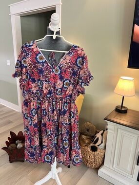 Terra & Sky Pink Multicolor Floral V-Neck Mini Dress